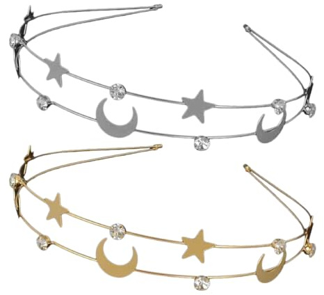 FRCOLOR Strass-Stirnband Für Frauen 2 Stücke Braut Haarreif Mit Mond Und Stern Design Aus Legierung Hochzeit Kopfschmuck Party Haarschmuck