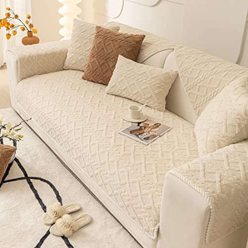 ANWEALTH Geometrische Sofabezüge aus Plüsch im Landhausstil neutraler Rutschfester Sofabezug Weicher Warmer Sofabezug für Hunde Kinder Haustiere Möbelschutz (cremefarben 109,2 x 109,2 cm)