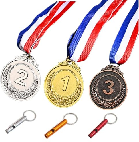 Juego de 3 medallas con 3 silbatos (oro, plata, bronce), medallas de metal ganador con lazo, para fiestas infantiles, eventos deportivos, competiciones, clases y eventos