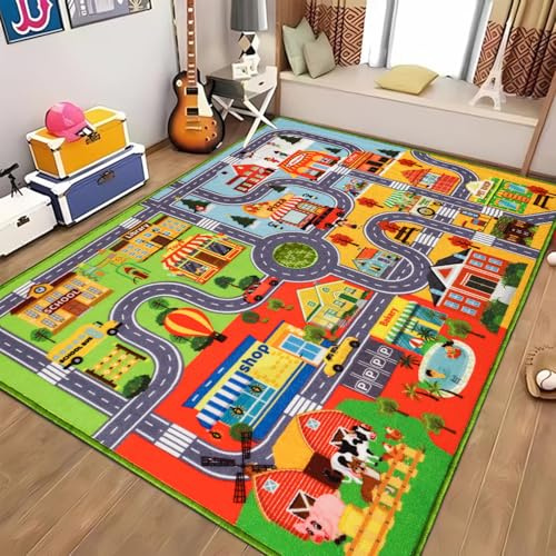Autoteppich für Kinder, Kinder-Auto-Spielmatte, extra rutschfester Verkehrsstraßenteppich für Kinder, pädagogische Automatte mit Stadtplan für Spielzimmer, Jungen-Schlafzimmer (200X150CM, Four Season)