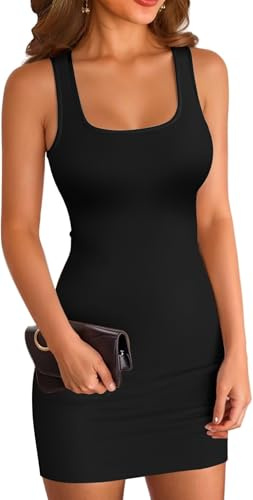 ELFIN Sommerkleid Damen Bodycon Kleid Gerippt Kurz Minikleid Quadratischer Ausschnitt Tank Kleid Slim Party Club Kleid Sommer Freizeitkleid Eng (M, Schwarz)