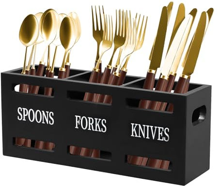 Tefola Pot à ustensiles moderne en bois noir avec 3 compartiments, porte-couverts pour comptoir de cuisine, organisateur d'ustensiles pour couteau, fourchette et cuillère
