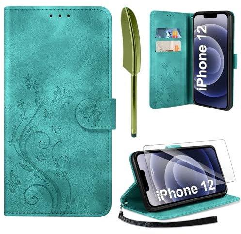 AROYI Lederhülle Kompatibel mit iPhone 12/12 Pro Hülle und Schutzfolie, Flip Wallet Handyhülle PU Leder Case Kartensteckplätzen Schutzhülle Kompatibel mit iPhone 12/12 Pro Dunkel Grün