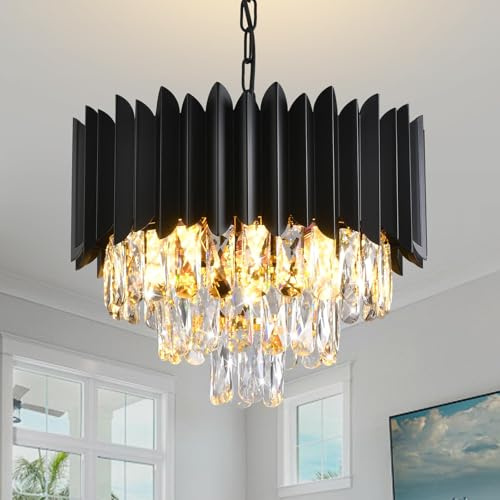 MSSIAN Schwarzer Kristallkronleuchter 3-stufig 40cm 5xE14 dimmbar Deckenlampe für Esszimmer Wohnzimmer Schlafzimmer Eingang