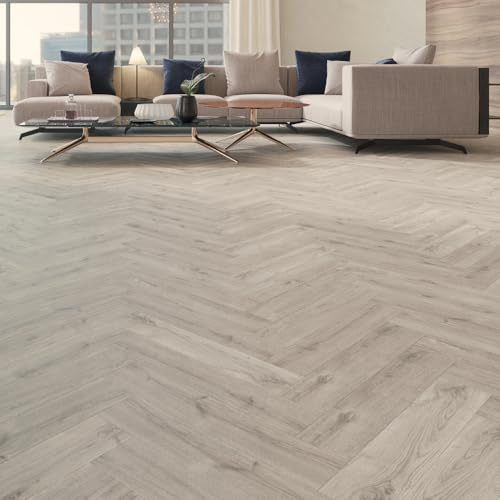 SPC Rigid Plank Flooring Chateau Mid Gey Herringbone - Underlay Already Installed - Light Grey Herringbone Effect - Luxury Quality - Click Installation - Sold Per 2.22m2 Pack