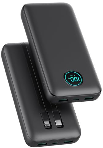 Power Bank 26800mAh con Cavi, Powerbank 25W PD QC4.0 Ricarica Rapida USB C Caricatore Portatile con 5 Uscite & LCD Display Batteria Esterna per iPhone 16/15/14/13, Samsung Huawei Pixel etc - Nero