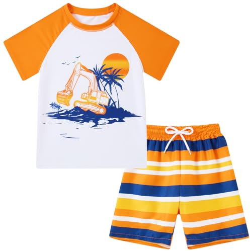Boys Swim Set Short Sleeve Rash Guard Swimsuits Size 9-10 Boy Swim Shirt 2-Pieces Bathing Suit Swim Shorts Orange
