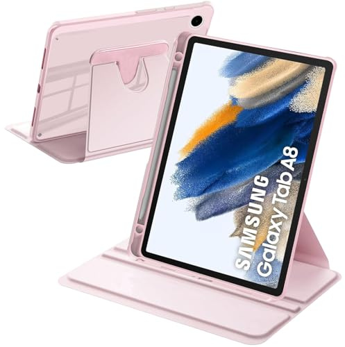 A-BEAUTY Coque Rotative Compatible avec Samsung Galaxy Tab A8 10.5 Pouces (SM-X200/X205/X207) Rotation à 360° Support Étui Dos Transparent Antichoc, Réveil/Sommeil Auto, Rose