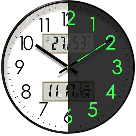 Bvizyelck Horloge Murale Lumineuse, Horloge Murale Silencieuse Alimentée par Piles avec Calendrier, Thermomètre Et Hygromètre, Horloges À Quartz Fluorescente pour Cuisine, Chambre, Bureau
