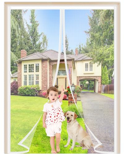 Upgraded Magnetic Screen Door White 145x220cm Anti-Tearing Insect Fly Mesh Self Sealing Heavy Duty with Full Frame Tape Hands Free Mesh Partition for Patio Bedroom Lets Fresh Air in