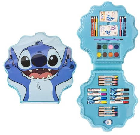 Maletín Stitch en estuche Kit creativo con lápices, rotuladores, crayones, acuarelas y hojas para colorear – Estuche Stitch compacto y divertido ideal como regalo infantil educativo
