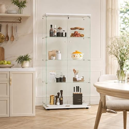 MGMYM Glasvitrine Standvitrine mit Tür und Schloss, 4 Lagen Sammlervitrine Vitrinenschrank, 2 Tür Glasvitrine Stehend Für Wohnzimmer Schlafzimmer Büro (Weiß 2 Tür, 4 Lagen)