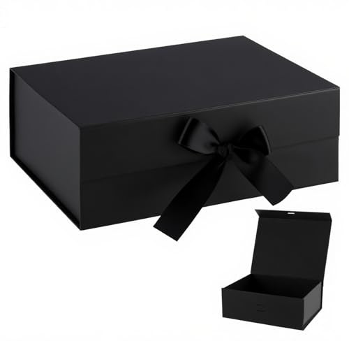 OFFASST Boîte Cadeau Vide en Carton Noir avec Couvercle - Boîte à Cadeau Réutilisable pour Mariage & Anniversaire - Coffret Cadeau Pliable avec Ruban - 23x17x7 cm