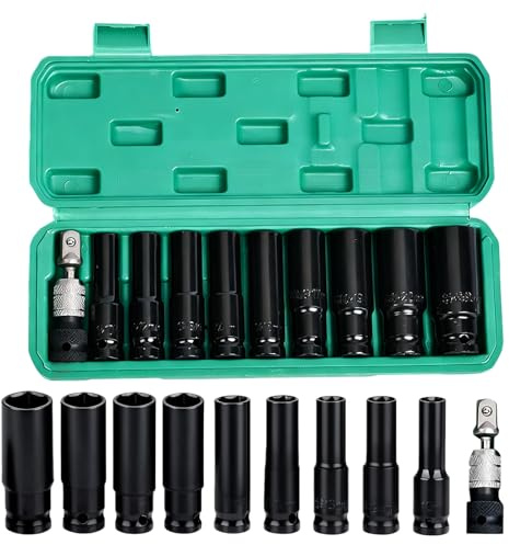 11 st. slagnyckel muttrar 1/2, 1/2 tum hylsnyckelsats 10–24 mm, 1/2 tum metrisk driv verktygsset, kraft hylsnyckelsats med plastfodral för bilreparation av däck byte
