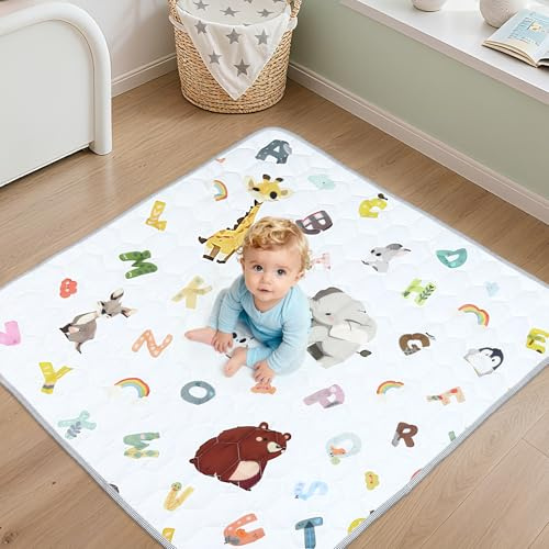 FUNYKICH Alfombra Bebe Acolchada Plegable 120x120cm, Alfombra Juego Bebe Gruesa y Antideslizante, Portátil y Lavable a Máquina, para Corralitos Bebé, Carpas Infantiles, Picnics, etc