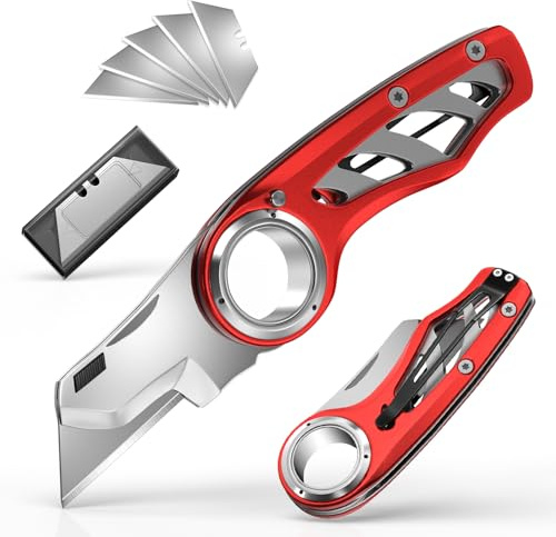Folding Utility Knife Pocket Knife, Heavy-Duty Box Cutter with Anti Slip Finger Loop, Quick Change Blade Razor Knife, Box Cutters for Home, Office, Warehouse, Durable Razor Knife, Box Knife (Red)