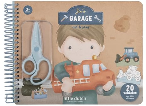 Little Dutch Bastelbuch inklusive Kinderschere und Aufklebern - für Kleinkinder ab 3 Jahren - mit Fahrzeug Motiven zum Ausschneiden und Basteln - Jim's Garage