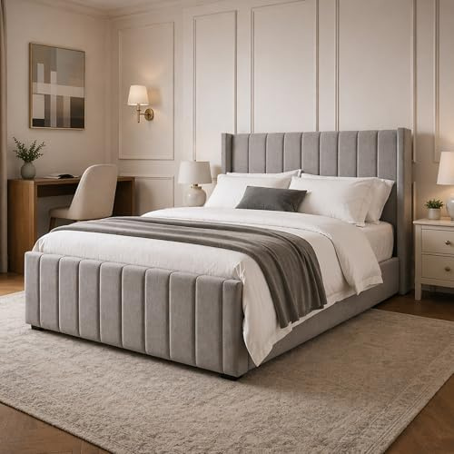 Double Size Upholstered Ottoman Gas Lift Bed Frame in Plush Grey Fabric - Strong Structure, Easy to Clean, Ample Storage Space, Includes Option for Mattress - Stylish and Functional Bedroom Solution