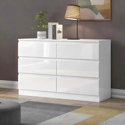 KernGut High Gloss Modern Kommode mit 6/7/8 Schubladen Schlafzimmer Schrank Bettseite Sideboard Aufbewahrungsmöbel für Wohnzimmer Büro Flur Sideboard (6 Schrank Weiß)