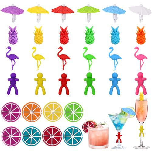 Yegookay Glasmarkierer Silikon, 32 Stück Glas Markierung Trinkgläser, Gläser Markieren Wiederverwendbar, Wein Trinken Glasmarker Bunte für Gläser für Party, Weingläser