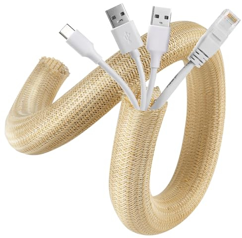 AGPTEK 2 m kabelslang, 25–39 mm självstängande kabelkanal, flexibel vävd kabelrock, kabelhantering för skrivbord, TV, dator, PC, kabelskydd för hund, katt, gul-brun