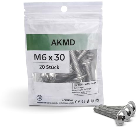 20 Stück M6 x 30 DIN 7380-2 / ISO 7380-2 Linsenkopfschrauben mit Flansch, Vollgewinde, Innensechskant 4 mm, Edelstahl A2