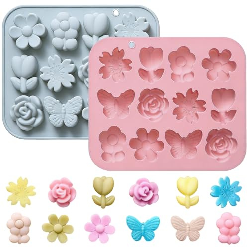 Simpeak Set de 2 Moldes de Silicona con Diseños de Flores y Mariposas, 12 Cavidades para Chocolate, Turron, Dulces y Gelatina, Colores Rosa y Azul, Herramientas de Repostería y Manualidades