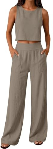 Completo Estivo Donna Lino Tailleur Donna Estiva Senza Maniche Girocollo Tuta Completa Lino e Cotone Completi Estivi Set Casual Relax Corte Top e Pantaloni Estivi da Casa Ideale Per le Vacanza