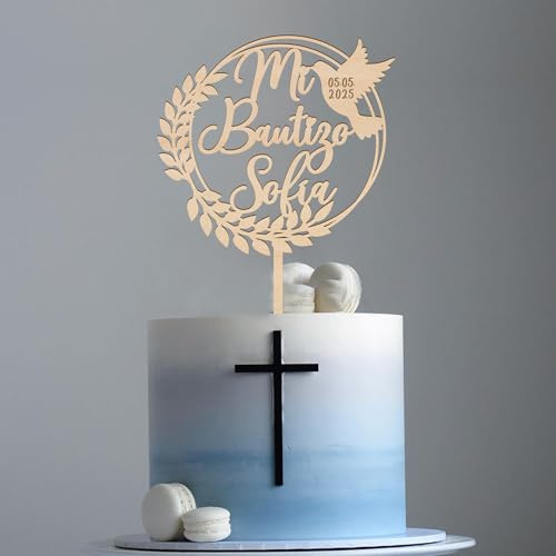 Party to Be Mi Bautizo Topper Tarta Personalizado con Nombre y Paloma Adornos Bautizo Decoración para Fiesta Comunión de Madera