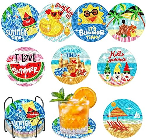 Posavasos Diamond Painting 8 Piezas, Kit DIY Madera 10 cm con Soporte | Kit pintura diamantes DIY con bandeja, lápiz, cera y diamantes, posavasos madera creativos para mesa y decoración hogar