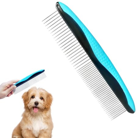 Peine Metálico 2 en 1 para Mascotas, Peine para Perros y Gatos de Acero Inoxidable, Desenredante Profesional para Pelo Largo y Rizado, Cepillo Antinudos con Mango Antideslizante