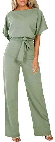 Générique Femmes Combinaison Manches Courtes Col Rond Couleur Unie Barboteuse Jumpsuit D'été Chic Élégant Slim Pantalon Loose Casual Combishort avec Ceinture