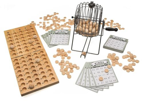Sport-Thieme Bingo-Spiel mit Bingotrommel | Bingo-Set: Metaltrommel mit Handkurbel, 75 Bingo-Kugeln, 150 Bingo-Chips, 24 Bingo-Karten u. Spielbrett aus Holz | Hochwertig und Robust