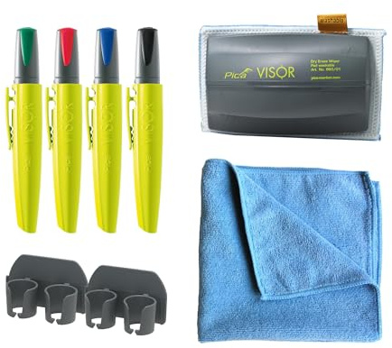 Pica Visor Boardmarker Starter-Set I Whiteboard komplett-Set | 4 Marker, Wischer und 2 Mikrofaser-Pads I trocknet nie aus I nachhaltige Gelmine I für Whiteboards, Tafeln und Glas