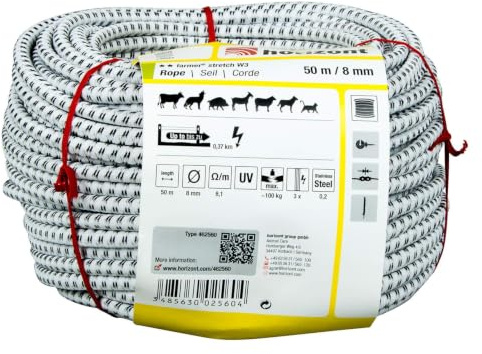 horizont Weidezaunseil farmer stretch W3, 50 m lang, 8 mm breit, 100 kg Bruchlast, für kurze bis mittlere Zäune, Weidezaunseil für Pferde Litze, Elektrozaun für Pferde, Farming Weidezaun