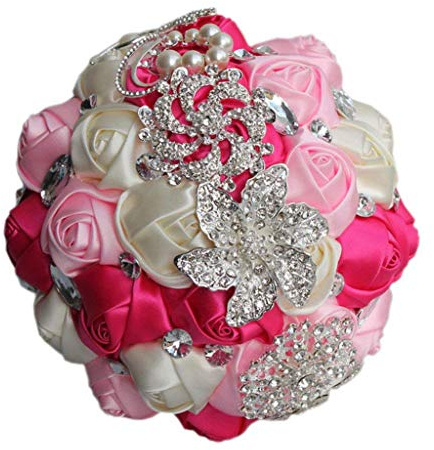 Fouriding Handgemachte Brosche Brautstrauß Braut Satin Rosen Blumen Strass Perlen Blumensträusse Hochzeit Strauß Künstliche Blumen Blumenstrauß künstlicher Rosenstrauß Deko (Rose Pink Cremig)