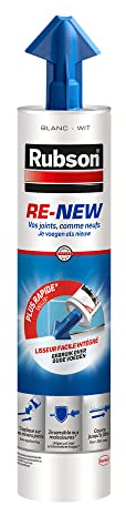 Rubson RE-NEW, mastic universel blanc avec protection 3-en-1 contre les moisissures, blanchisseur joint pour joints existants, cartouche avec lisseur intégré de 280 ml
