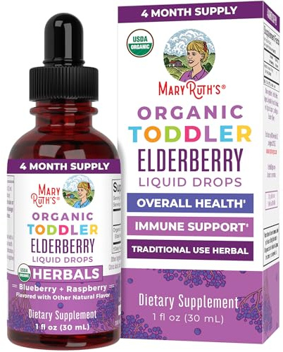 MARYRUTH'S Toddler Elderberry Syrup, USDA Organic Elderberry, Sugar Free Kids Immune Support Supplement for Ages 1-3 Years, Clean Label Project Verified®, Vegan, Non-GMO, Gluten Free, 1 Fl Oz