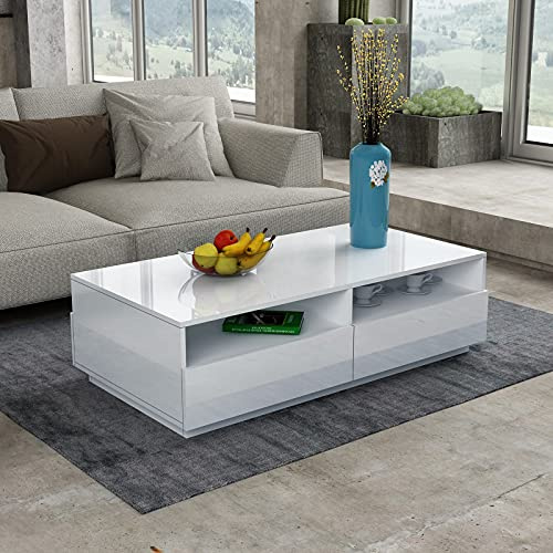 Couchtisch für Wohnzimmer, Beistelltisch Moderner Holztisch für Zuhause | Weißer Glanz Kaffeetisch mit 4 Schubladen Lagerung
