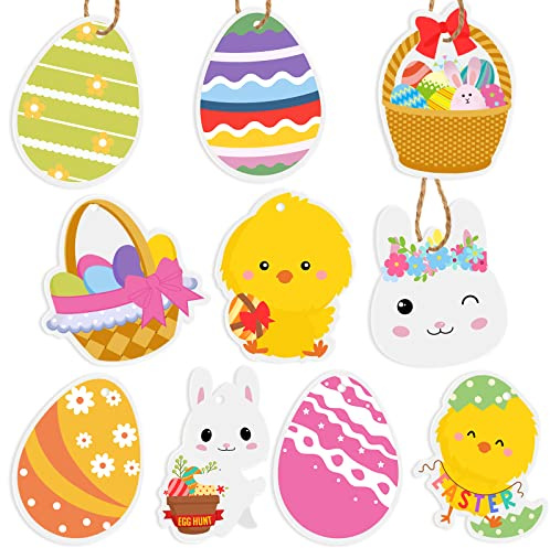 50 Stück Ostern Eier Karten Frohe Ostern Geschenkanhänger Papier Geschenkkarten Dekoration mit Hängendem Seil Bunt Bedruckte Geschenketiketten Oster Schmuck für Party Bedarf, 10 Designs