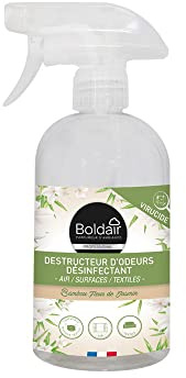 BOLDAIR - Destructeur d'odeurs désinfectant - Parfume pendant des heures - Désinfecte air, surfaces et textiles - Bambou jasmin - Sans colorant - Désodorise en 5secs - 500ml - Fabrication Française