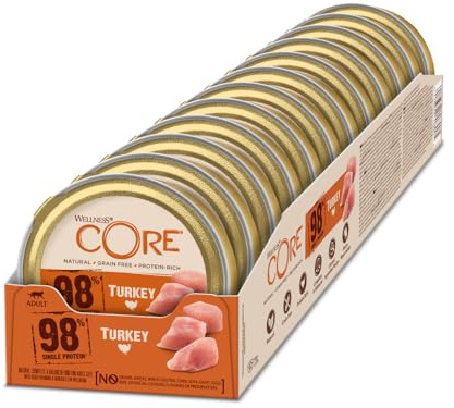 Wellness CORE 98 procent kalkon, 12 x 85 g, våtfoder för vuxna katter, kattmat paté, utan tillsats av socker, spannmålsfri, med hög kötthalt