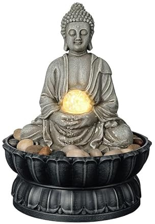 Kalona Tabletop Buddha Waterfall Fountain, Meditating Buddha Zen Fountain with LED Glass Orb, Relaxing Desk Water Feature for Home Office Decor(21127B)