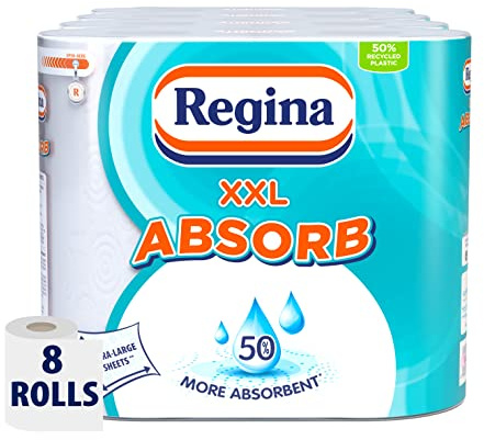 Regina XXL Absorb Kitchen Roll - 8 Rolls | 75 Extra Large Sheets per Roll |2 Layers for Increased Absorbency | for Extra Big Spills | FSC Certified Product |Easy Open Pack