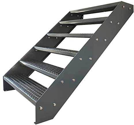 Kaminbau Mierzwa Premium Stahl Treppe Verzinkt & komplett Anthrazit Pulverbeschichtet 6 Stufen (Breite 60 cm) (Höhe 114 cm) Wetterfest Gitterroststufe Gartentreppe