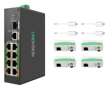 LINOVISION Switch industriale a 8 porte EOC e POE con 4 trasmettitori EOC, PoE a lunga distanza su cavo coassiale o UTP, semplifica il cablaggio, aggiorna i sistemi analogici ai sistemi IP