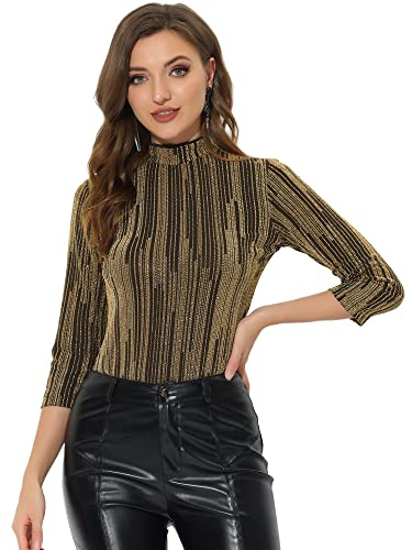 Allegra K Damen Glitzer Shirt Langarm Metallic Pailletten Glänzend Bluse