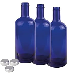 BELLEROFONTE Botella modelo Gin de cristal azul solarizada para agua, 750 ml, con tapón, 3 unidades