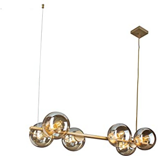 meineWunschleuchte Mehrflammige Balken Pendelleuchte Messing 80cm breit - 6 Glaskugeln Rauchglas in Amber, Abhängung 120cm
