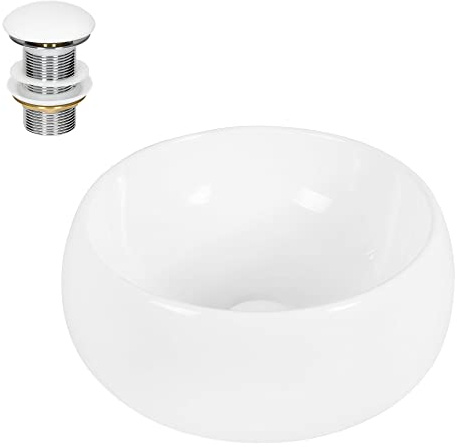ECD Germany Lavabo per Bagno d' Appoggio Ø 400 x 350 mm in Ceramica Bianca incl. Piletta Set di Scarico 1 1/4'' per Lavandini Senza Troppopieno Lavello Rotondo Lavamani Sanitari per Bagno